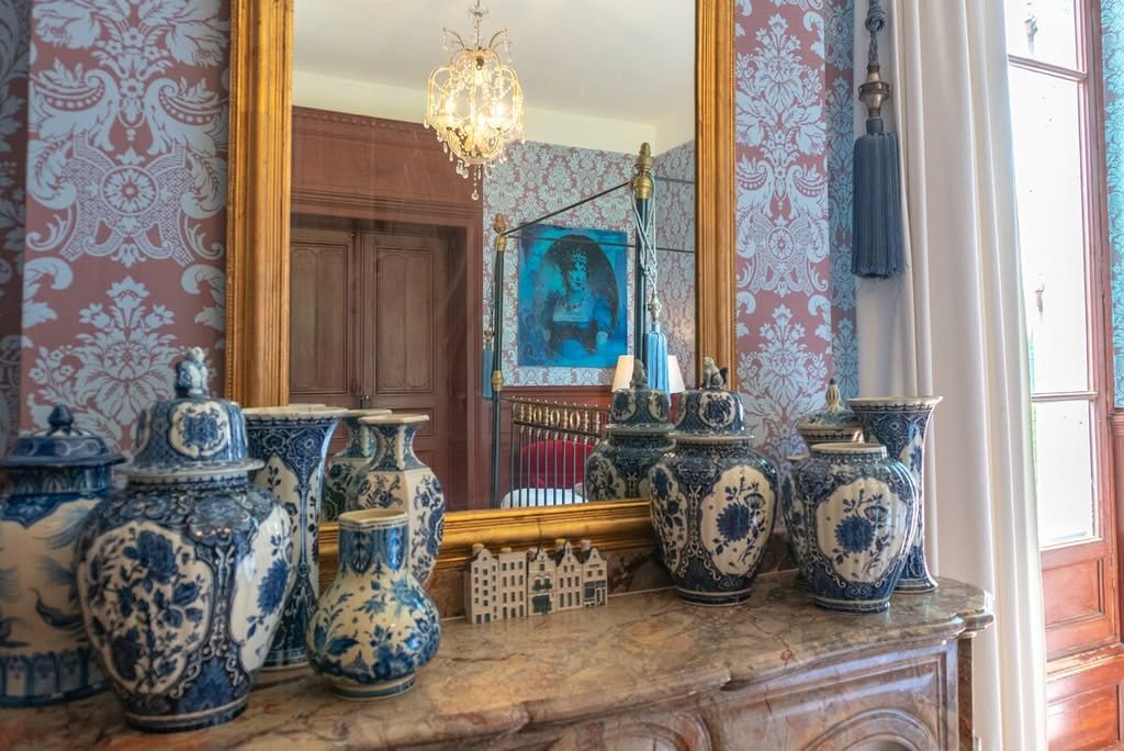 Antique blue-and-white vases in the hallway